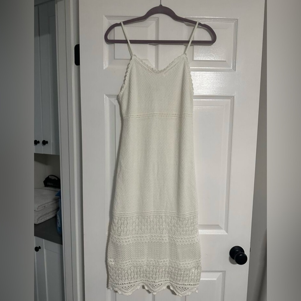 Womens Cream Crochet Midi Dress - Sleeveless Spaghetti Strap